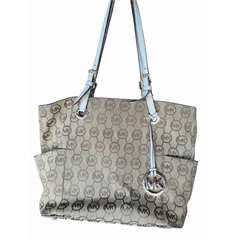 Michael Kors MK Top Zip Cream Tan Logo Tote Bag Purse